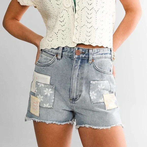 Wrangler & Billabong collaboration patchwork denim Jean Shorts with High Waist.